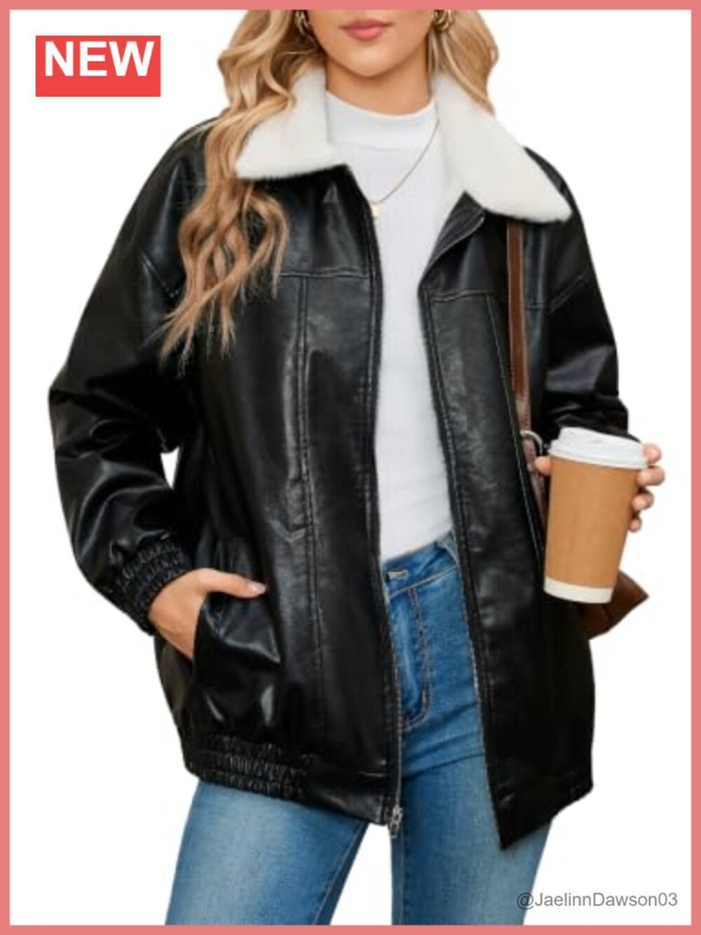 Faux Leather Sherpa Fleece Lined Oversized Moto Bomber Jacket Full Zip